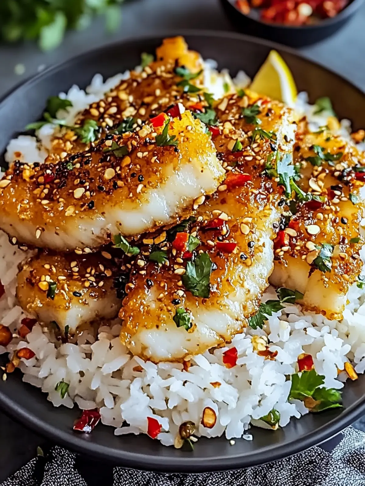 Crispy Cod Strips with Rice and Chili Garlic Drizzle Bliss 3 Crispy Cod Strips with Rice and Chili Garlic Drizzle