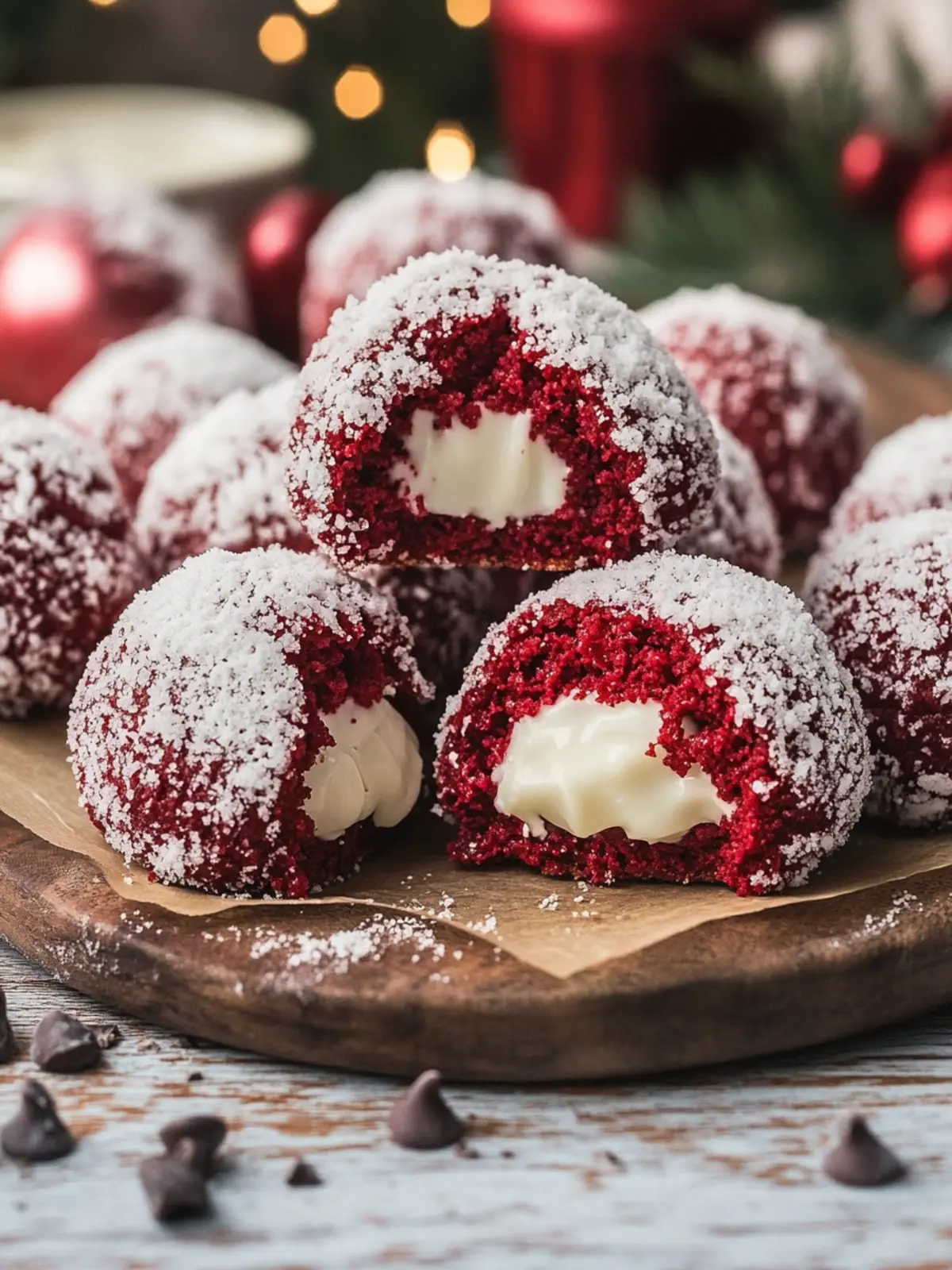 Delight with Red Velvet Snowball Cookies and White Chocolate Filling 2 Red Velvet Snowball Cookies with White Chocolate Filling