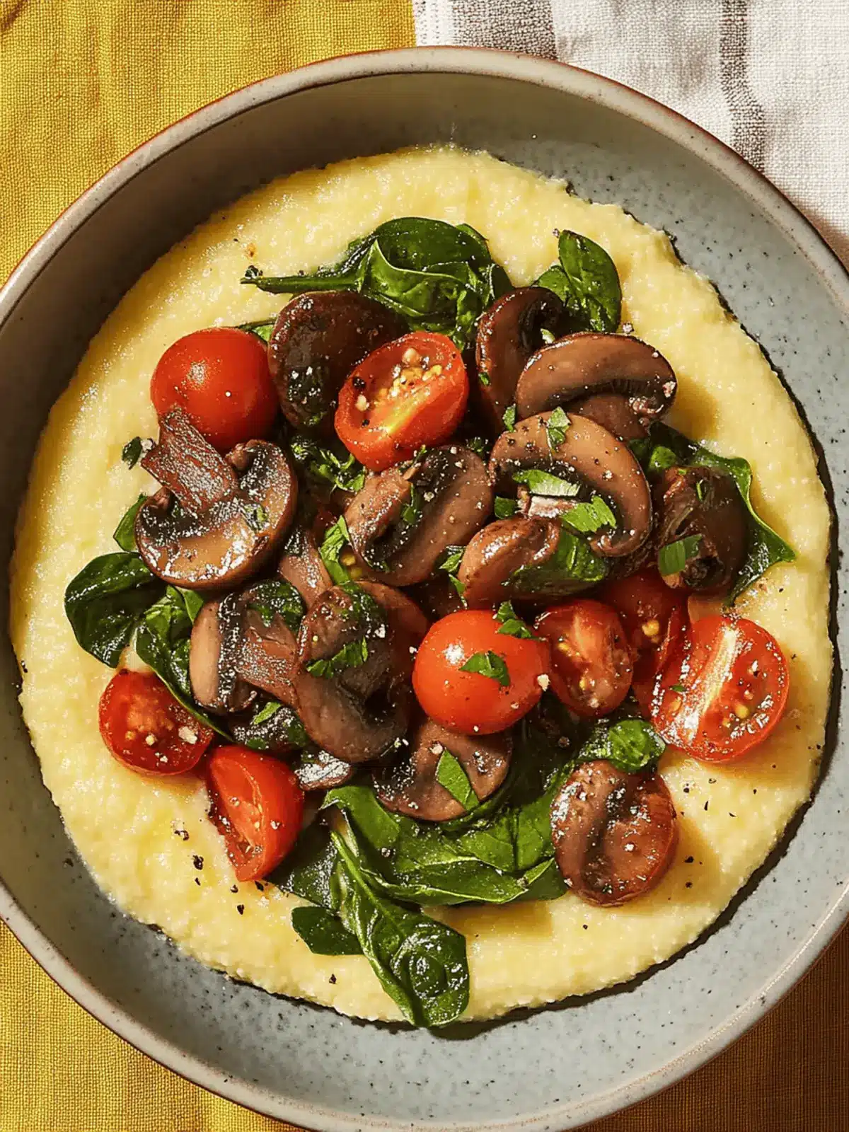 Creamy Vegan Polenta with Mushrooms, Spinach, and Burst Tomatoes 2 Creamy Vegan Polenta with Mushrooms, Tomatoes, and Spinach