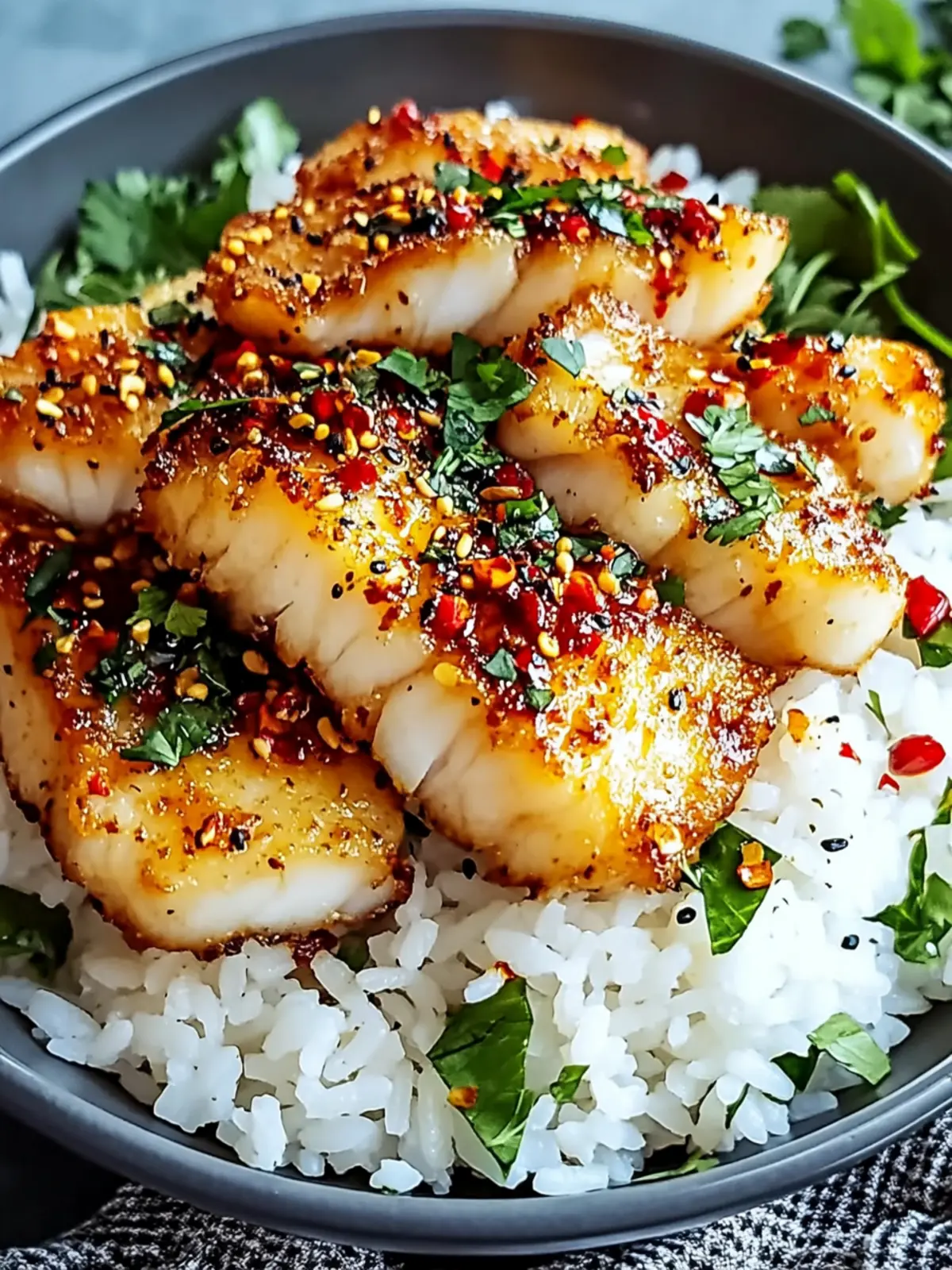 Crispy Cod Strips with Rice and Chili Garlic Drizzle Bliss 2 Crispy Cod Strips with Rice and Chili Garlic Drizzle