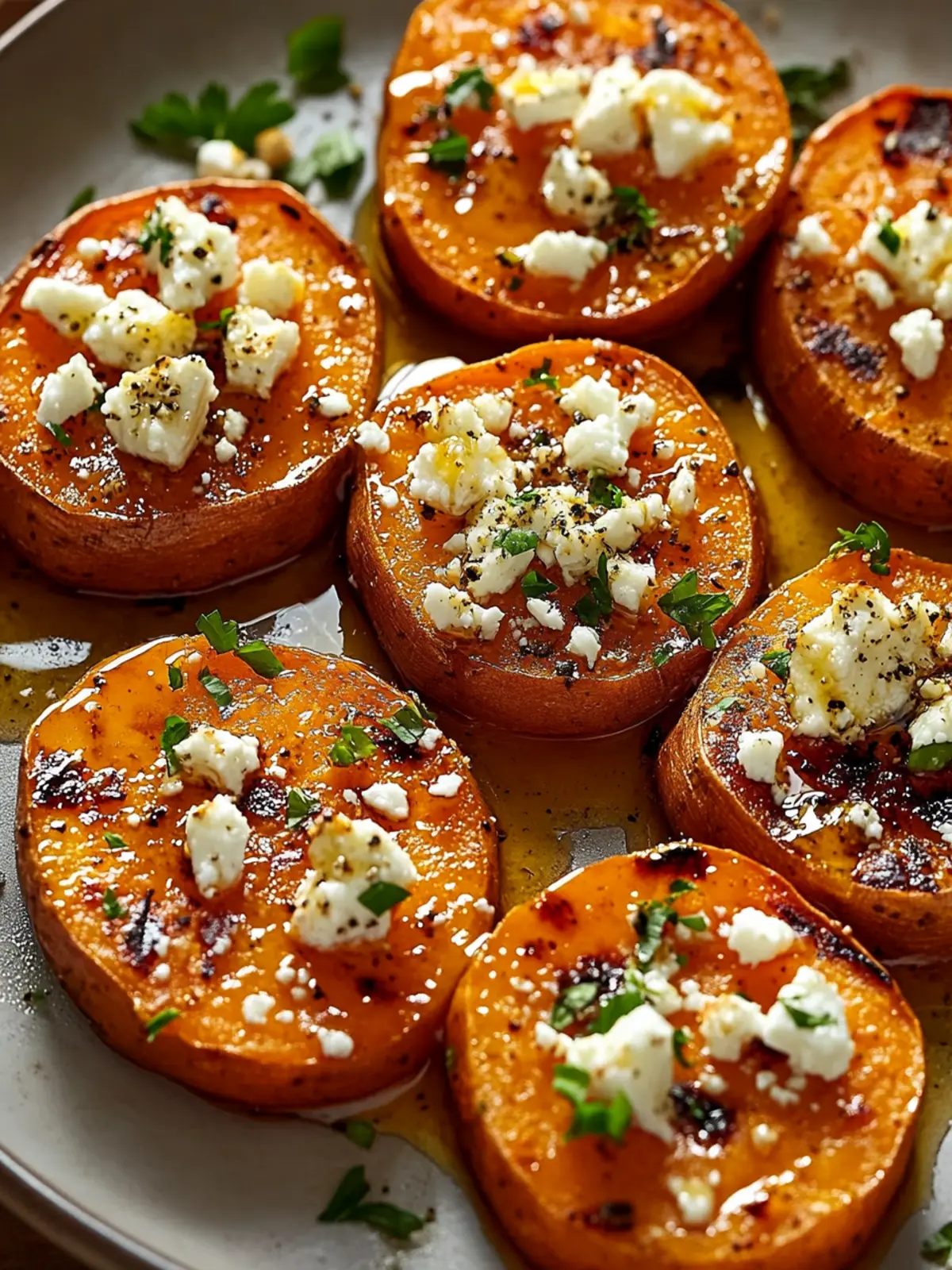 Delicious Roasted Sweet Potato Rounds with Honey & Feta Delight 3 Roasted Sweet Potato Rounds with Honey & Feta