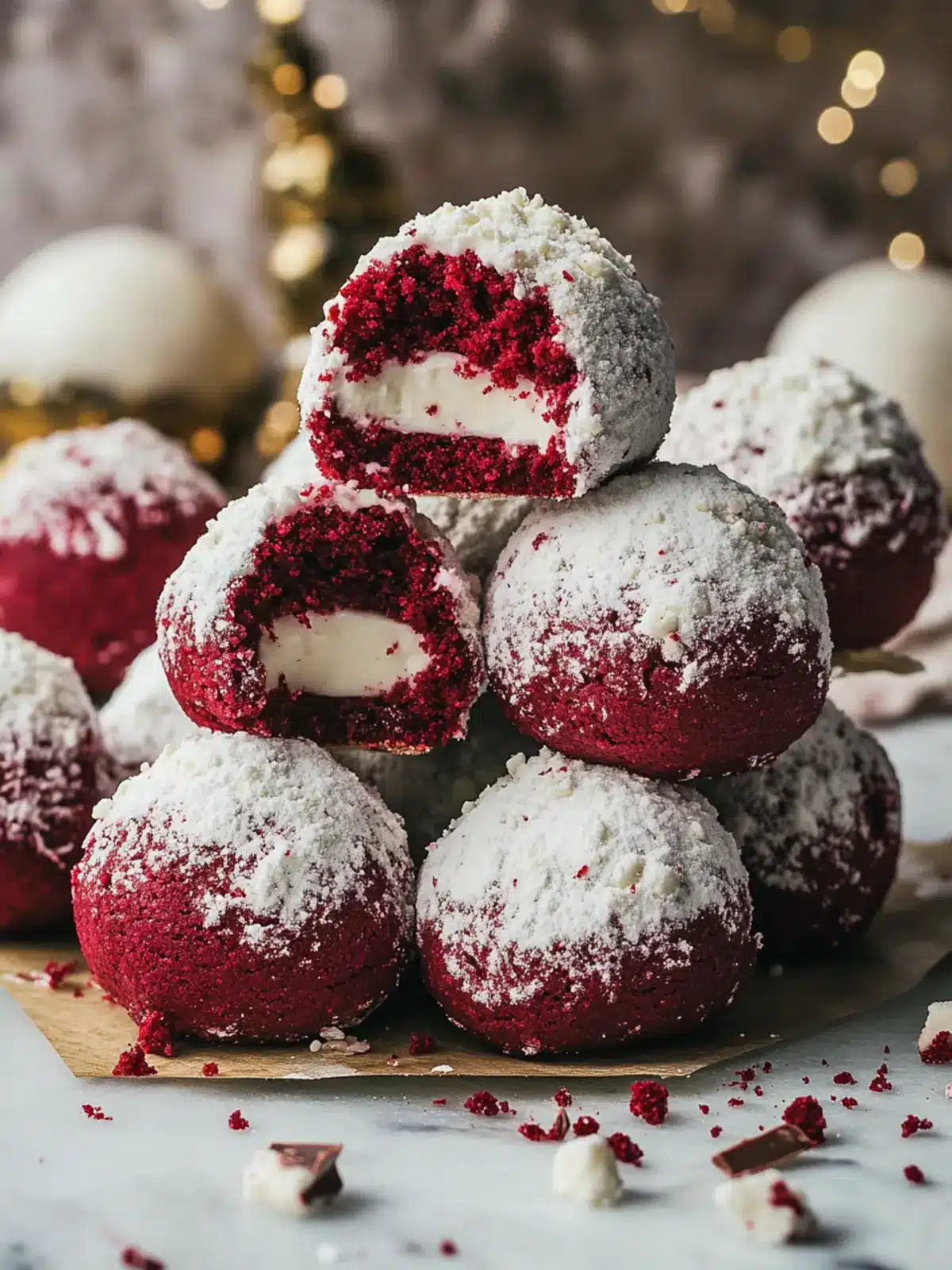Delight with Red Velvet Snowball Cookies and White Chocolate Filling 3 Red Velvet Snowball Cookies with White Chocolate Filling