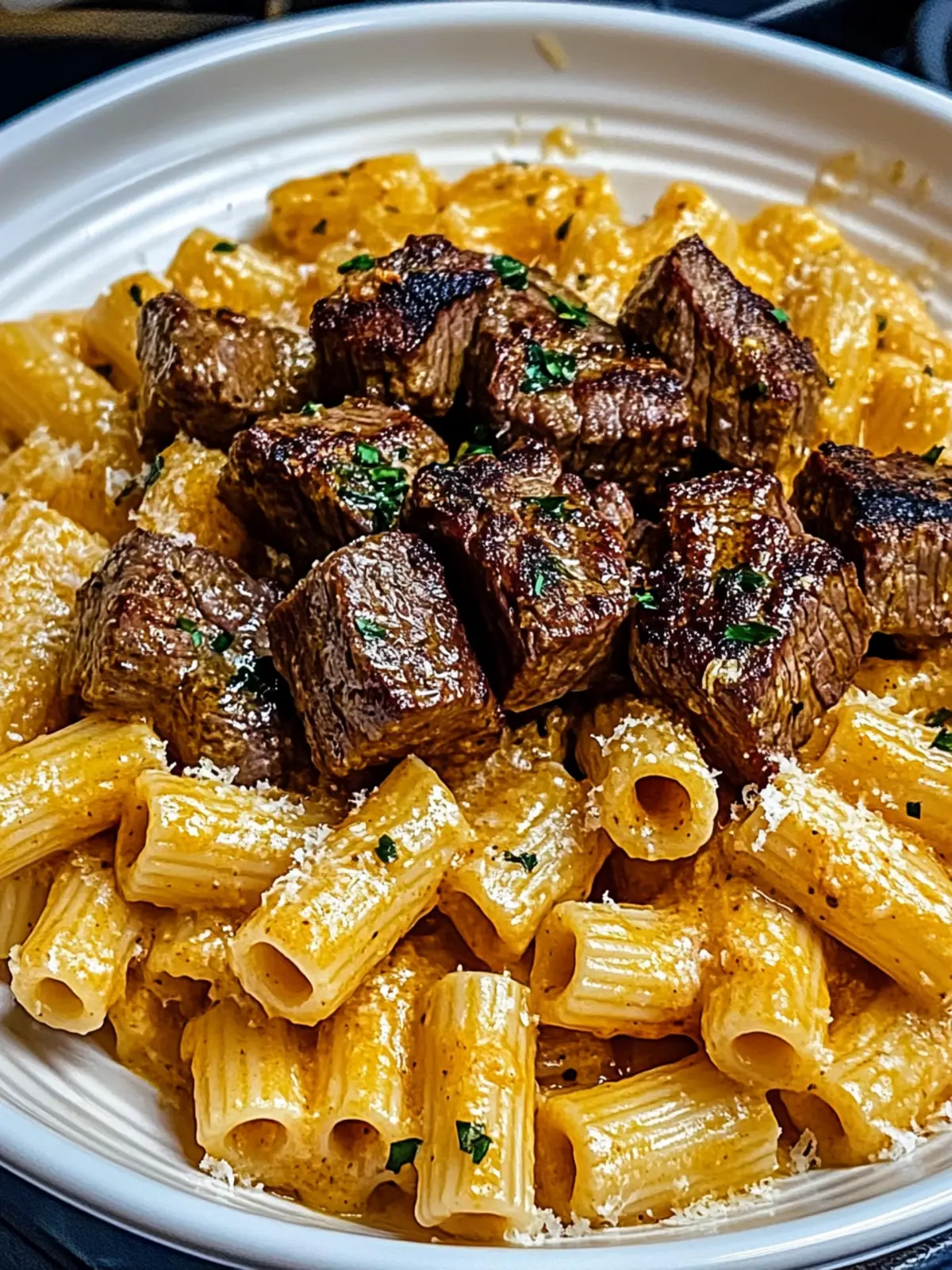 Cajun Steak Tips in Cheesy Rigatoni Parmesan Bliss 2 Cajun Steak Tips in Cheesy Rigatoni Parmesan Sauce