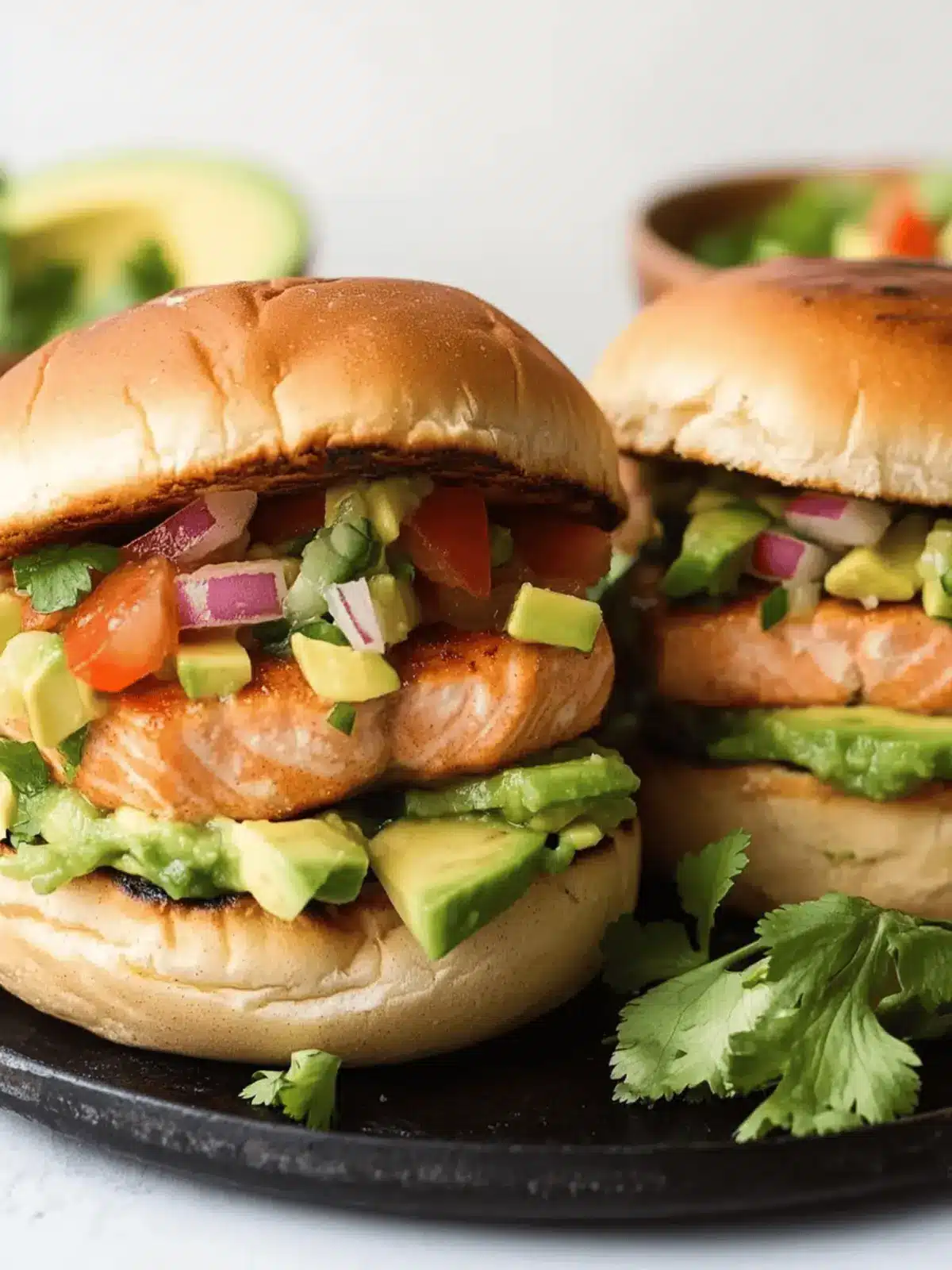 Savory Salmon Burgers with Zesty Avocado Salsa Delight 3 Salmon Burgers Avocado Salsa