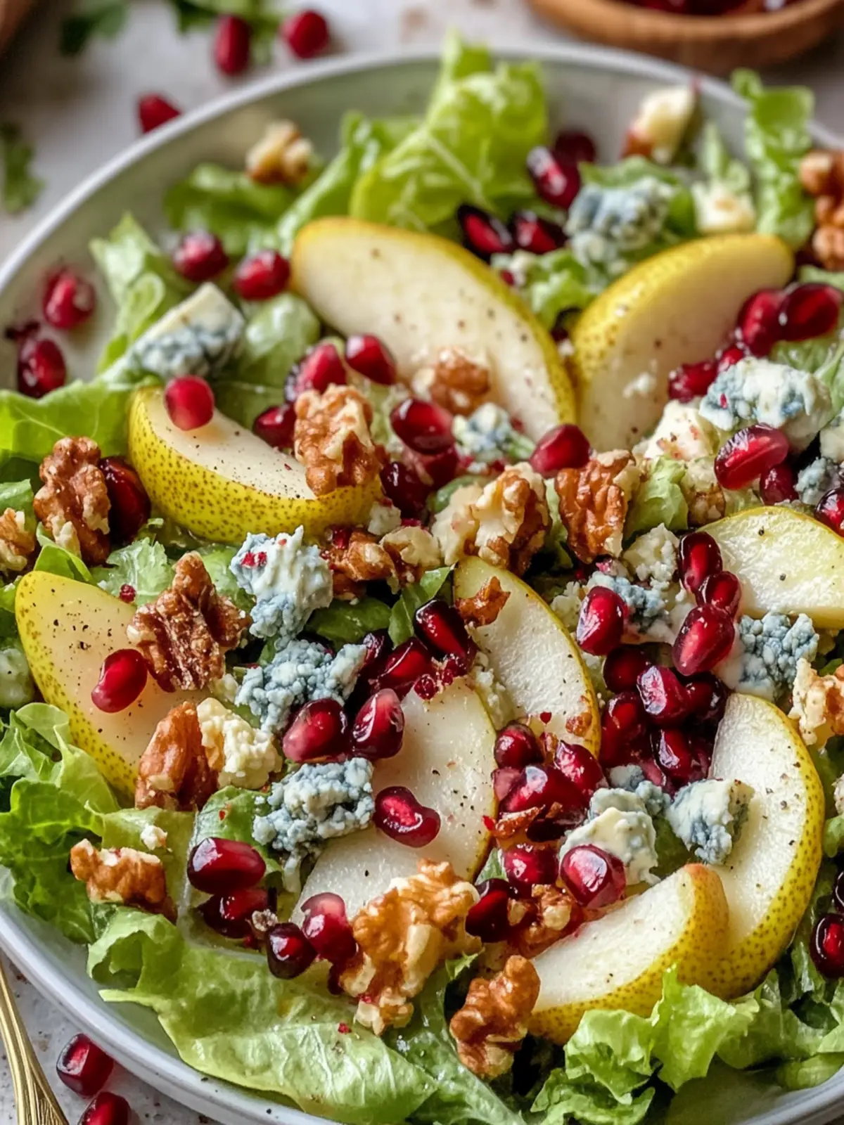 Festive Pear, Pomegranate and Blue Cheese Salad in 10 Minutes 2 Pear, Pomegranate and Blue Cheese Salad