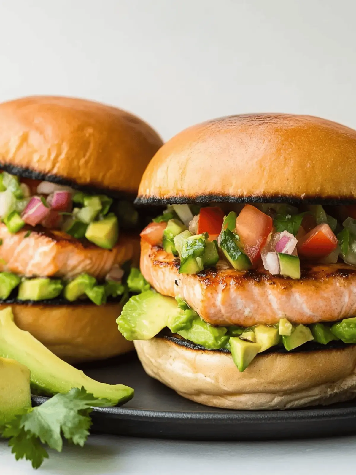 Savory Salmon Burgers with Zesty Avocado Salsa Delight 2 Salmon Burgers Avocado Salsa