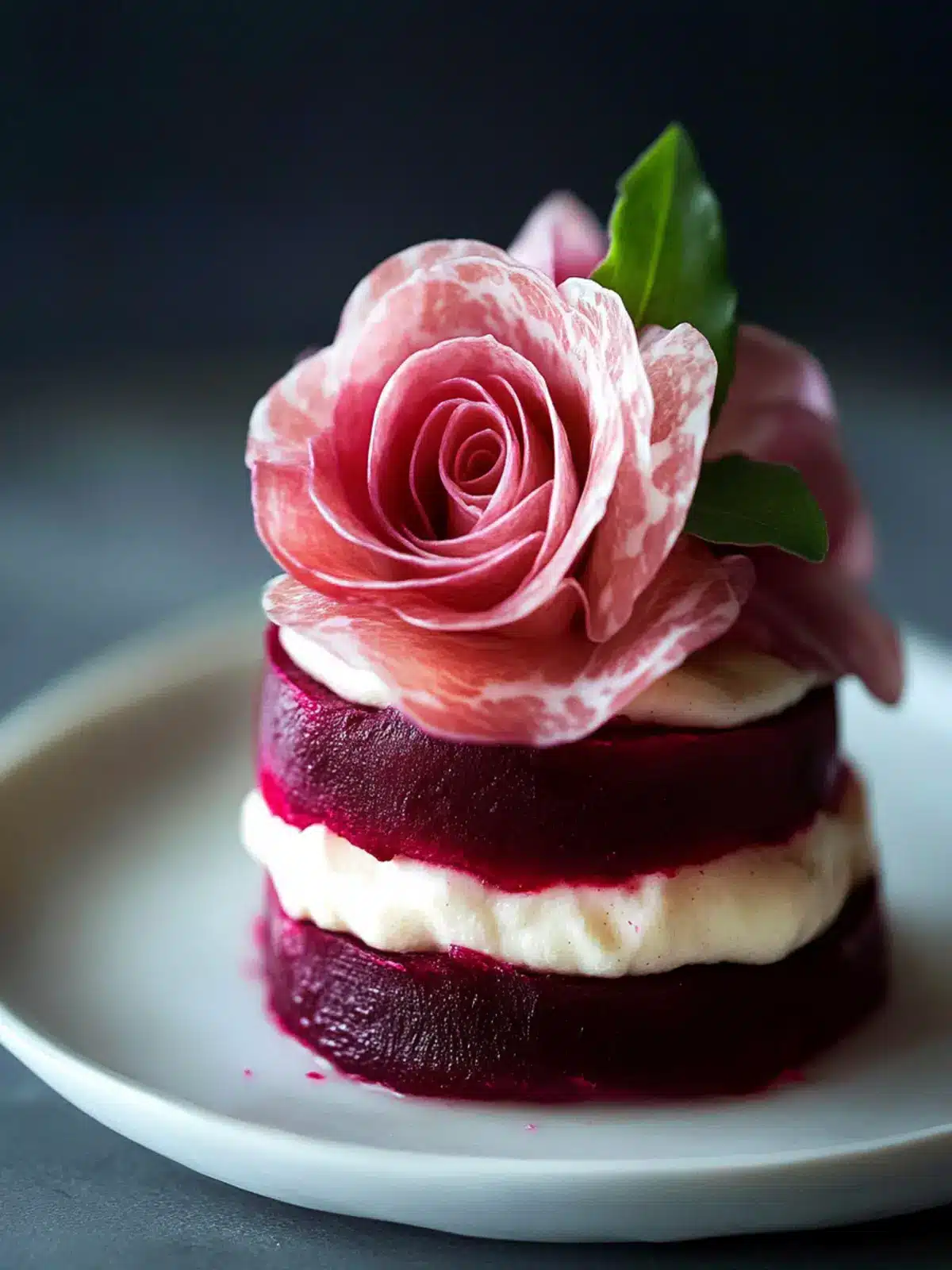 Stunning Beet Napoleons with Prosciutto Roses to Wow Guests 4 Beet Napoleons with Prosciutto Roses
