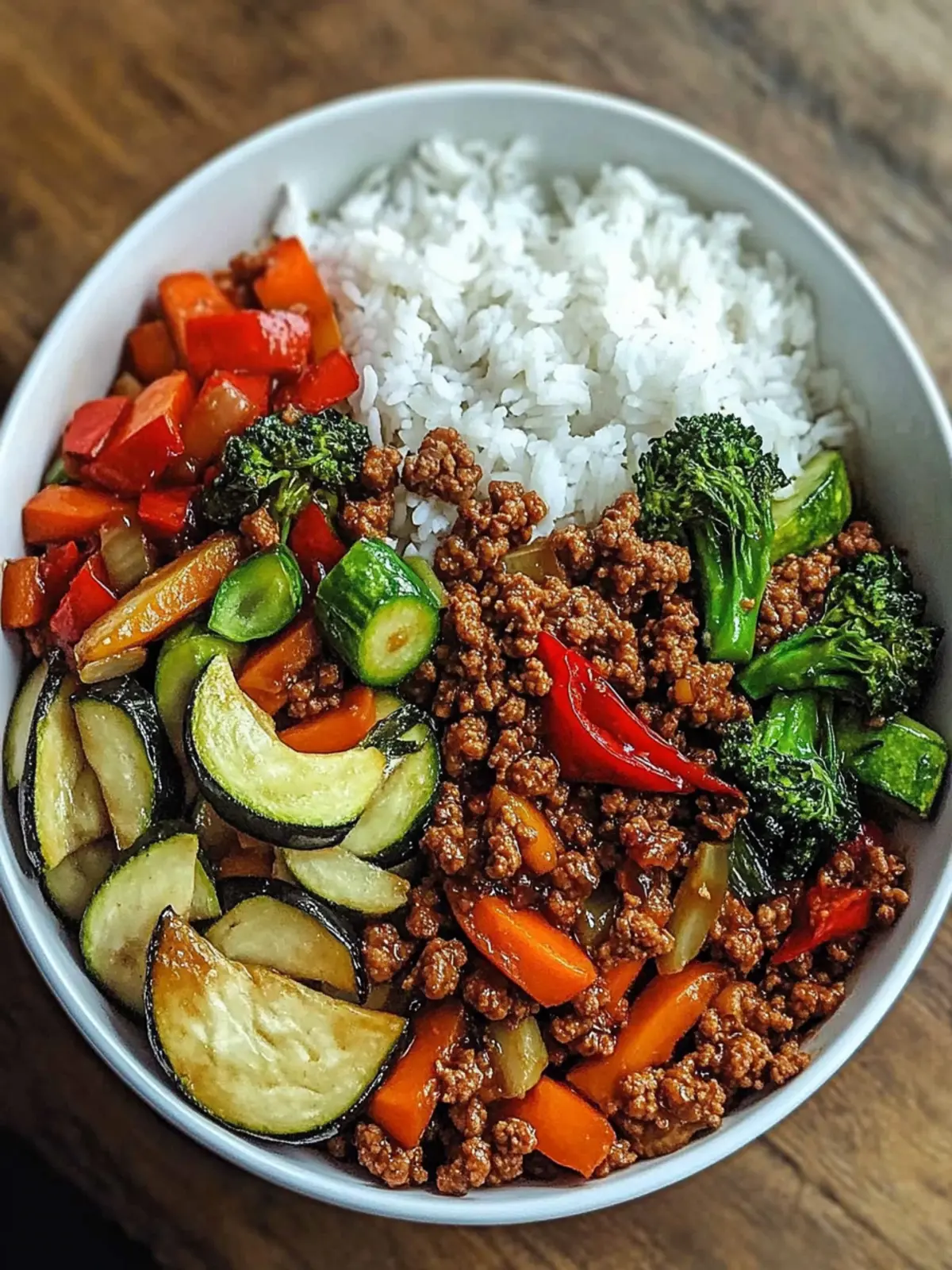 Spicy Ground Beef Stir-Fry Bowl: Quick Garlic Veggies & Rice 4 Spicy Ground Beef Stir-Fry Bowl with Garlic Veggies & Steamy Rice