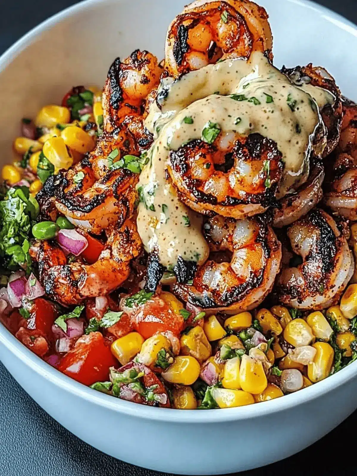 Savory Grilled Shrimp Bowl with Corn Salsa & Creamy Sauce 2 Grilled Shrimp Bowl with Corn Salsa & Creamy Sauce