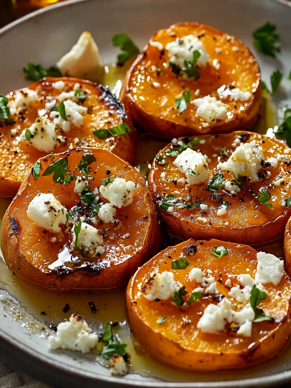 Sweet & Savory Roasted Sweet Potato Rounds with Honey & Feta 3 Roasted Sweet Potato Rounds with Honey & Feta