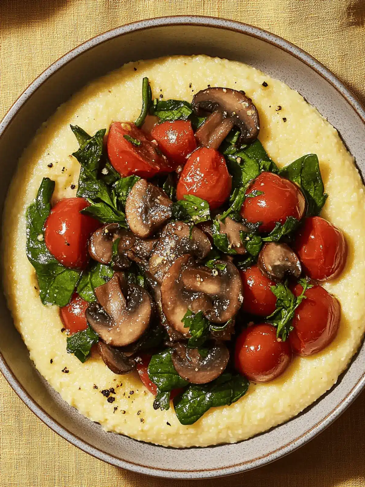 Creamy Vegan Polenta with Mushrooms, Spinach, and Burst Tomatoes 4 Creamy Vegan Polenta with Mushrooms, Tomatoes, and Spinach