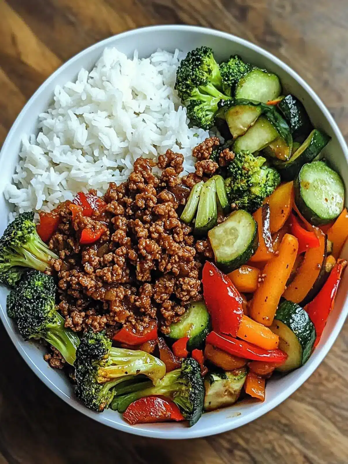 Spicy Ground Beef Stir-Fry Bowl: Quick Garlic Veggies & Rice 2 Spicy Ground Beef Stir-Fry Bowl with Garlic Veggies & Steamy Rice